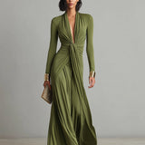Olive Silk V-Neck Maxi Dress