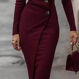 Eva | Burgundy Wrap-Style Buttoned Midi Dress