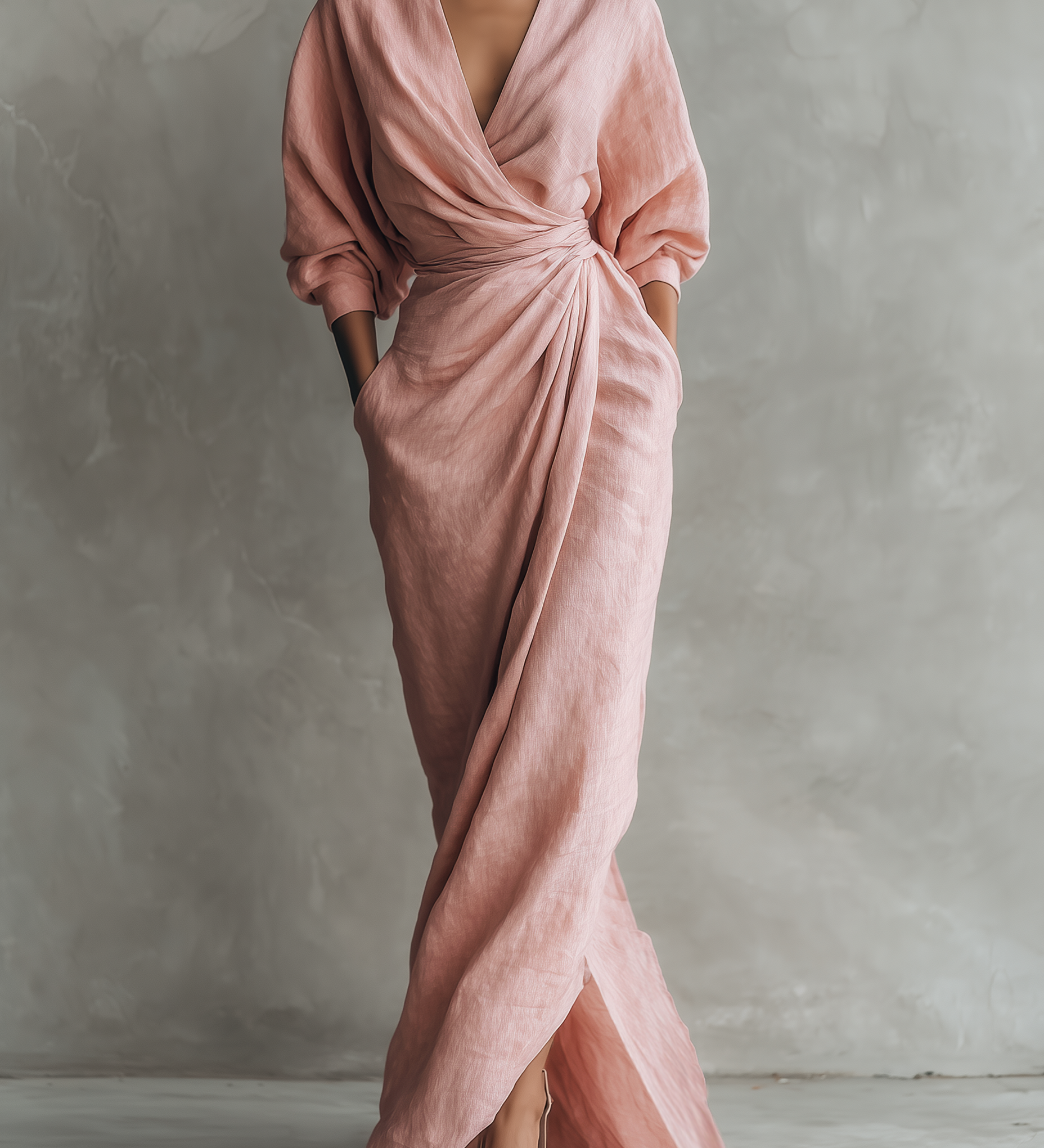 Pink Linen V-Neck Maxi Dress
