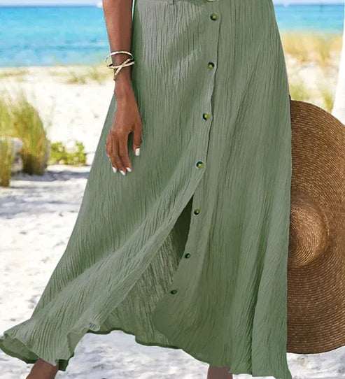 Coral | Women's Button Front Maxi Skirt High Waist Linen Look
