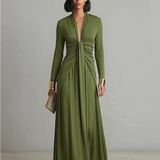 Olive Silk V-Neck Maxi Dress