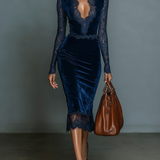 Velvet V-Neck Lace Midi Dress