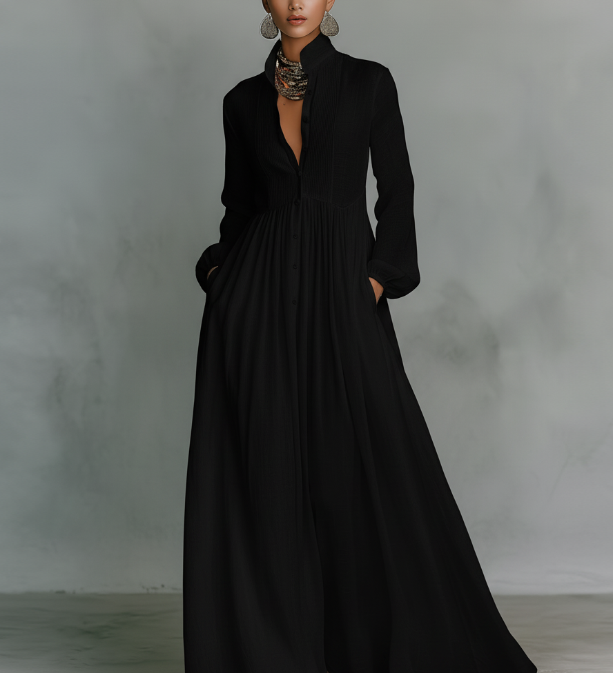 Patchwork Stand Collar Linen Maxi Dress
