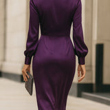 Clara | Deep Plum Satin Wrap Midi Dress