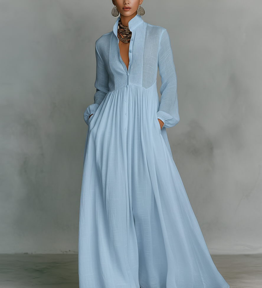 Patchwork Stand Collar Linen Maxi Dress