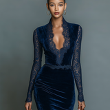 Velvet V-Neck Lace Midi Dress