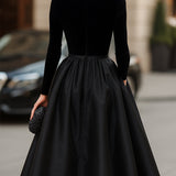 Ava | Elegant Black Velvet And Satin Midi Dress