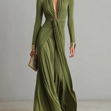 Olive Silk V-Neck Maxi Dress
