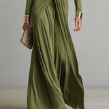 Olive Silk V-Neck Maxi Dress