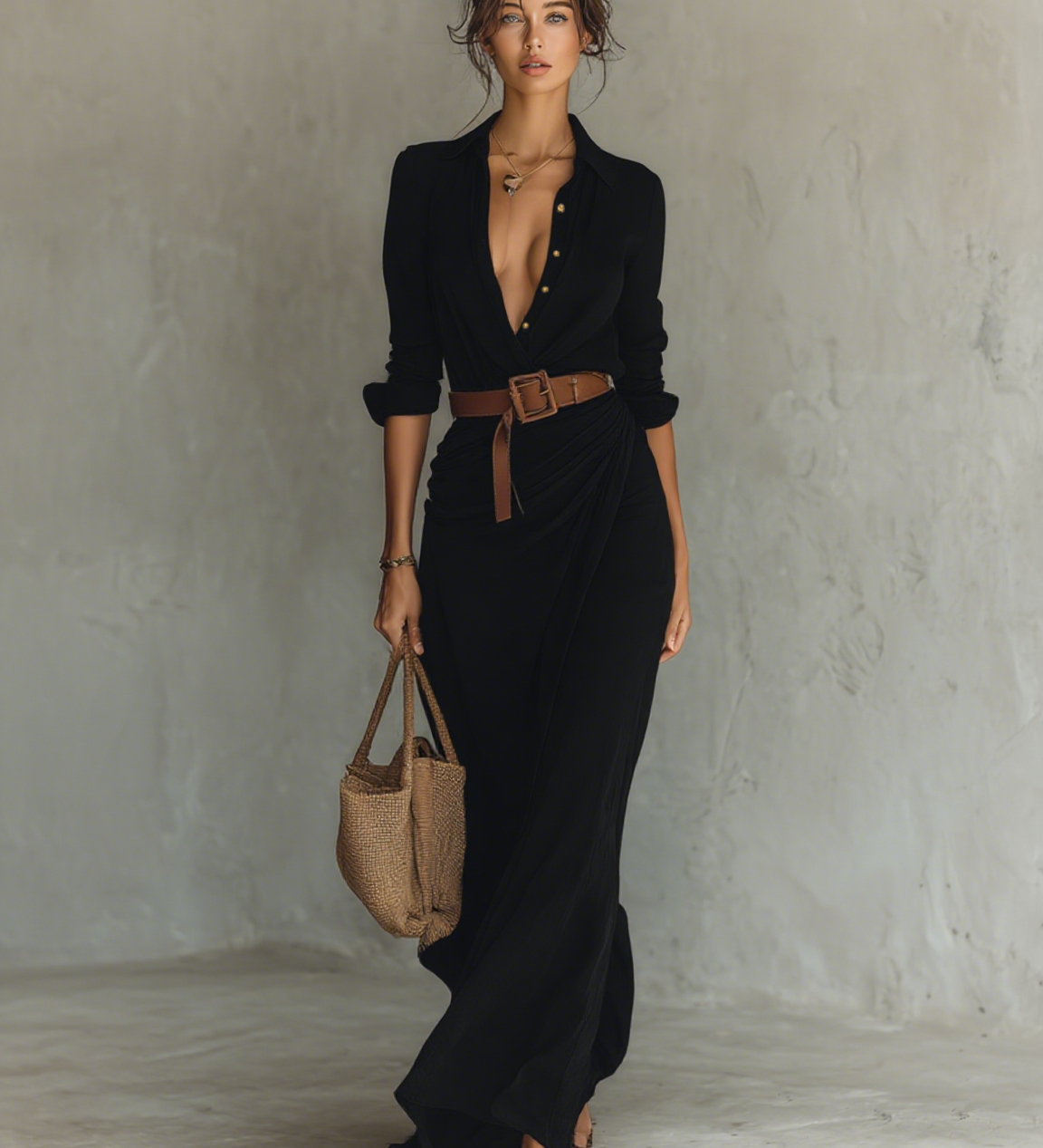 Long Sleeve Lapel Collar Maxi Dress