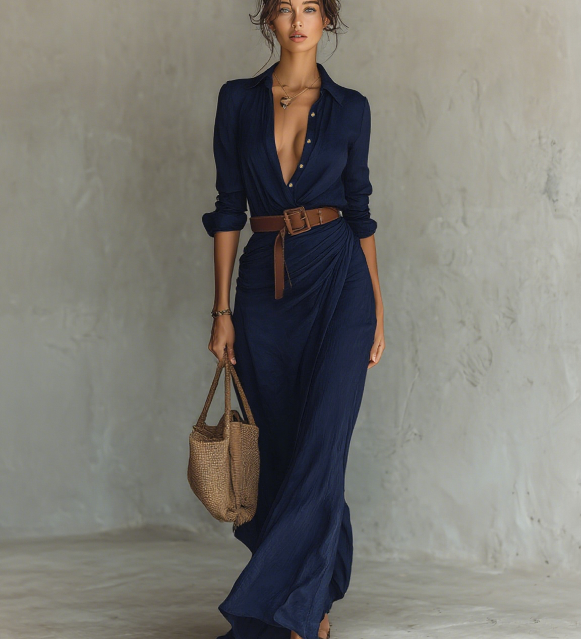 Long Sleeve Lapel Collar Maxi Dress