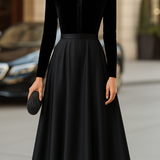 Ava | Elegant Black Velvet And Satin Midi Dress