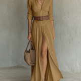 Long Sleeve Lapel Collar Linen Maxi Dress