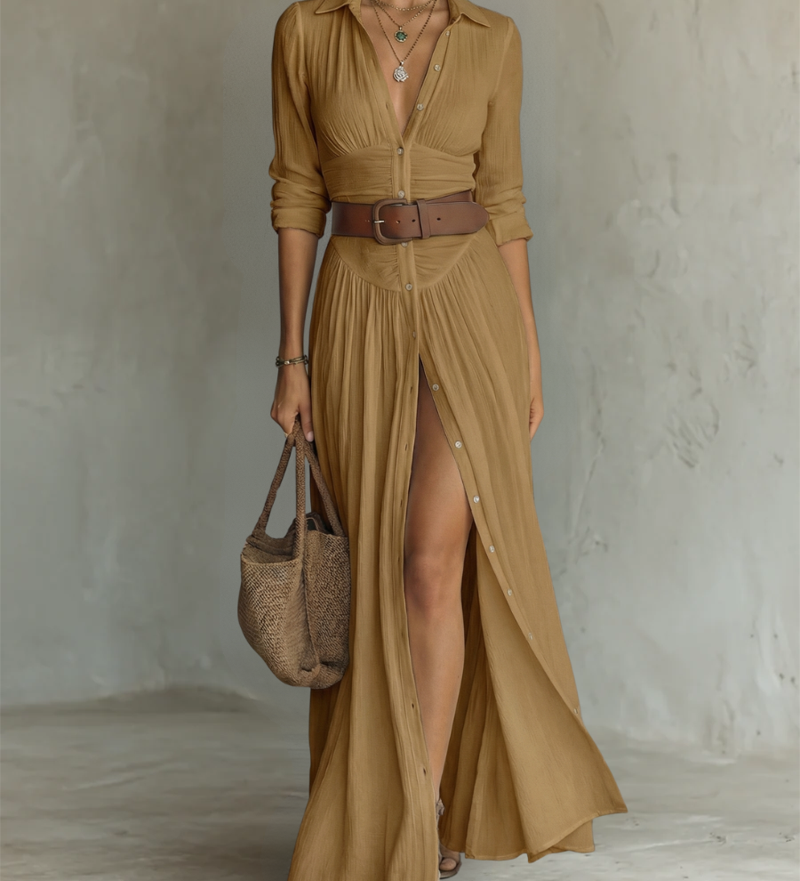 Long Sleeve Lapel Collar Linen Maxi Dress