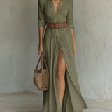 Long Sleeve Lapel Collar Linen Maxi Dress