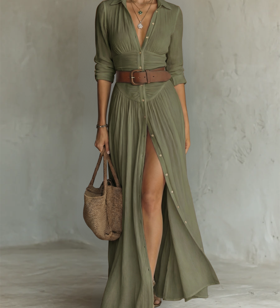 Long Sleeve Lapel Collar Linen Maxi Dress