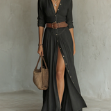 Long Sleeve Lapel Collar Linen Maxi Dress