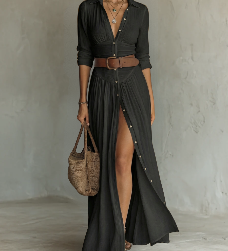 Long Sleeve Lapel Collar Linen Maxi Dress