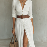 Long Sleeve Lapel Collar Linen Maxi Dress