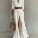 Long Sleeve Lapel Collar Linen Maxi Dress