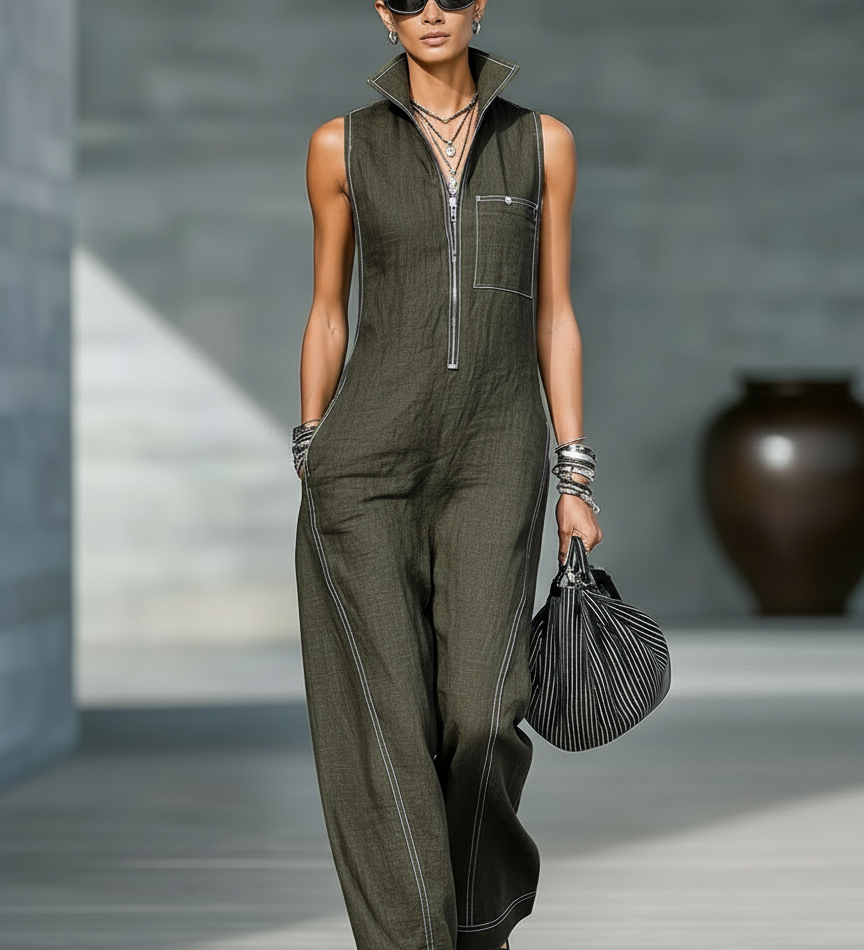 Sleeveless Overalls with White Hem