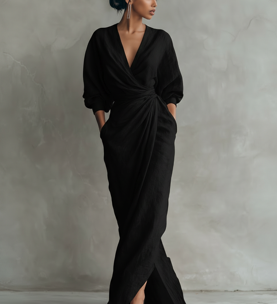 Pink Linen V-Neck Maxi Dress