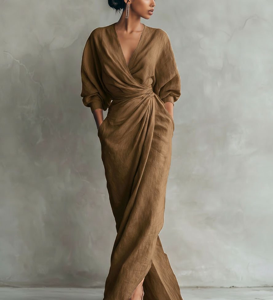 Pink Linen V-Neck Maxi Dress