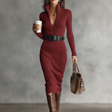 Slim Fit V-Neck Midi Knit Dress