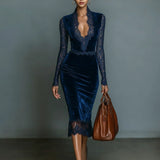 Velvet V-Neck Lace Midi Dress