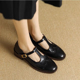 Nadine | Women's Leather T-Strap Mary Jane Shoes Low Block Heel