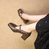 Odette | Women's Square Toe Mary Jane Heels Block Heel Gold Buckle