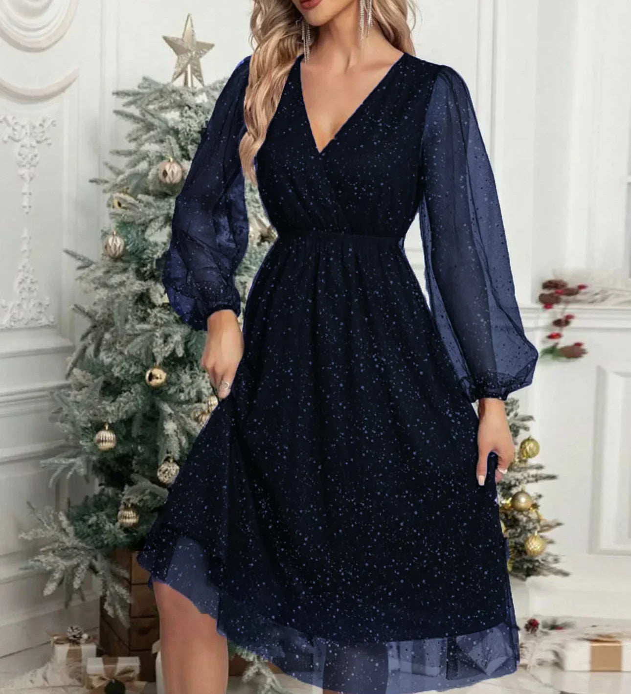 Mae Harper™ | Sparkling Mesh-Sleeve V-Neck Evening Dress
