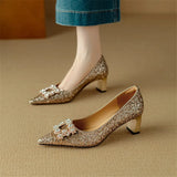 Stella | Women's Glitter Block Heel Pumps Pointed Toe Crystal Buckle