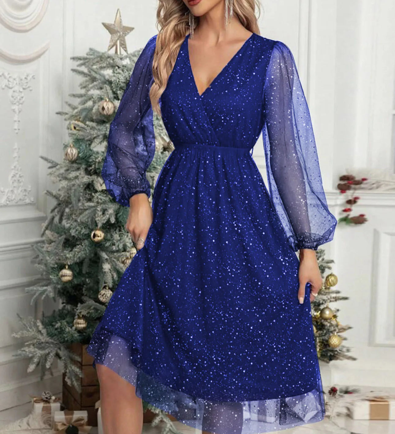 Mae Harper™ | Sparkling Mesh-Sleeve V-Neck Evening Dress