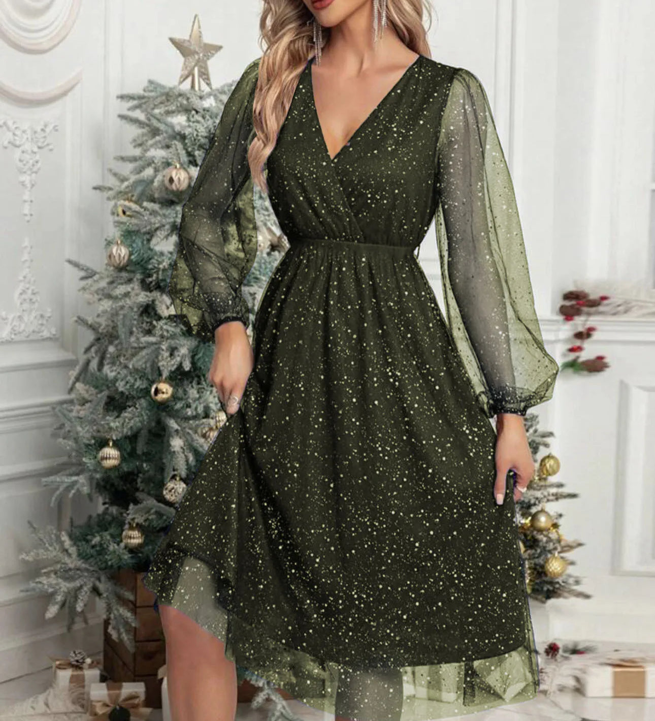 Mae Harper™ | Sparkling Mesh-Sleeve V-Neck Evening Dress