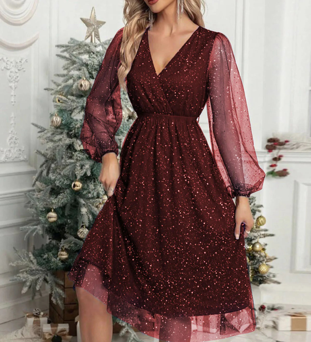 Mae Harper™ | Sparkling Mesh-Sleeve V-Neck Evening Dress