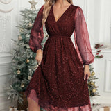 Mae Harper™ | Sparkling Mesh-Sleeve V-Neck Evening Dress