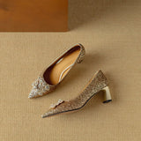 Stella | Women's Glitter Block Heel Pumps Pointed Toe Crystal Buckle