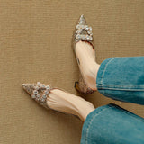 Stella | Women's Glitter Block Heel Pumps Pointed Toe Crystal Buckle
