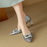 Stella | Women's Glitter Block Heel Pumps Pointed Toe Crystal Buckle