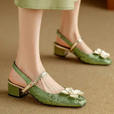 Florine | Women's Floral Slingback Pumps Square Toe Block Heel Shoes
