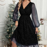 Mae Harper™ | Sparkling Mesh-Sleeve V-Neck Evening Dress