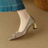 Stella | Women's Glitter Block Heel Pumps Pointed Toe Crystal Buckle