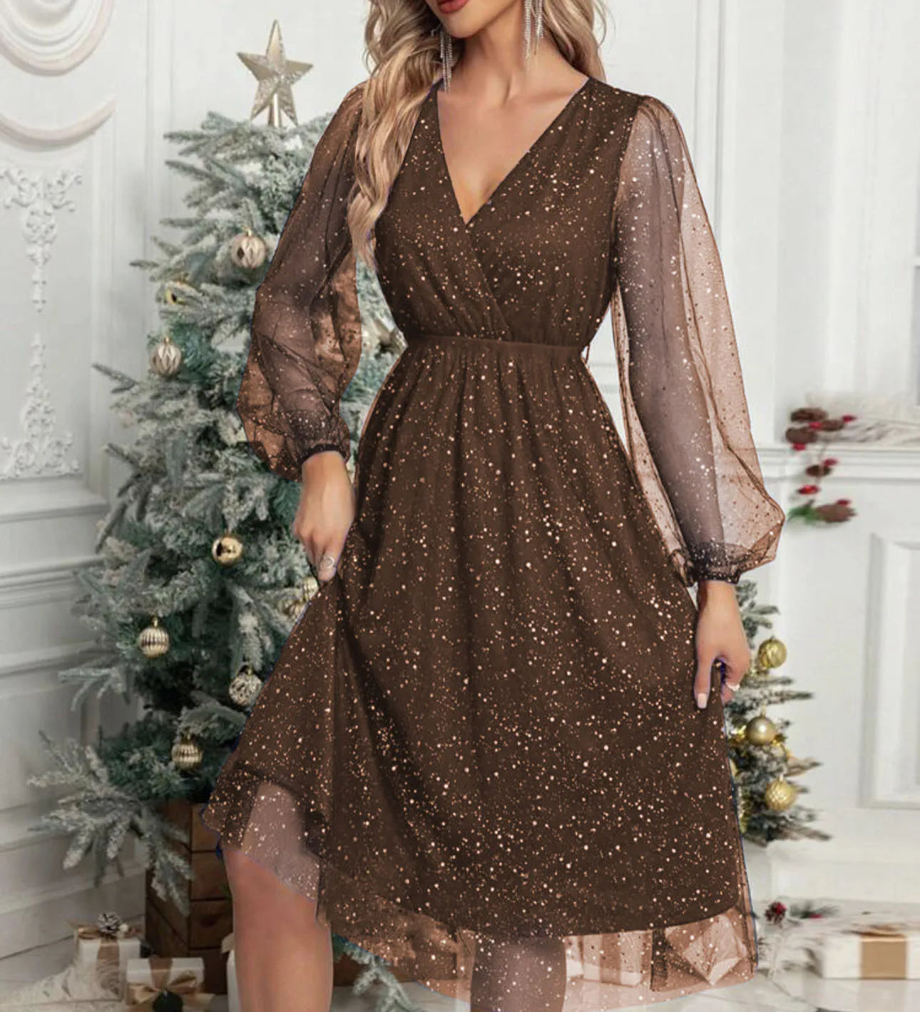 Mae Harper™ | Sparkling Mesh-Sleeve V-Neck Evening Dress