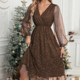 Mae Harper™ | Sparkling Mesh-Sleeve V-Neck Evening Dress