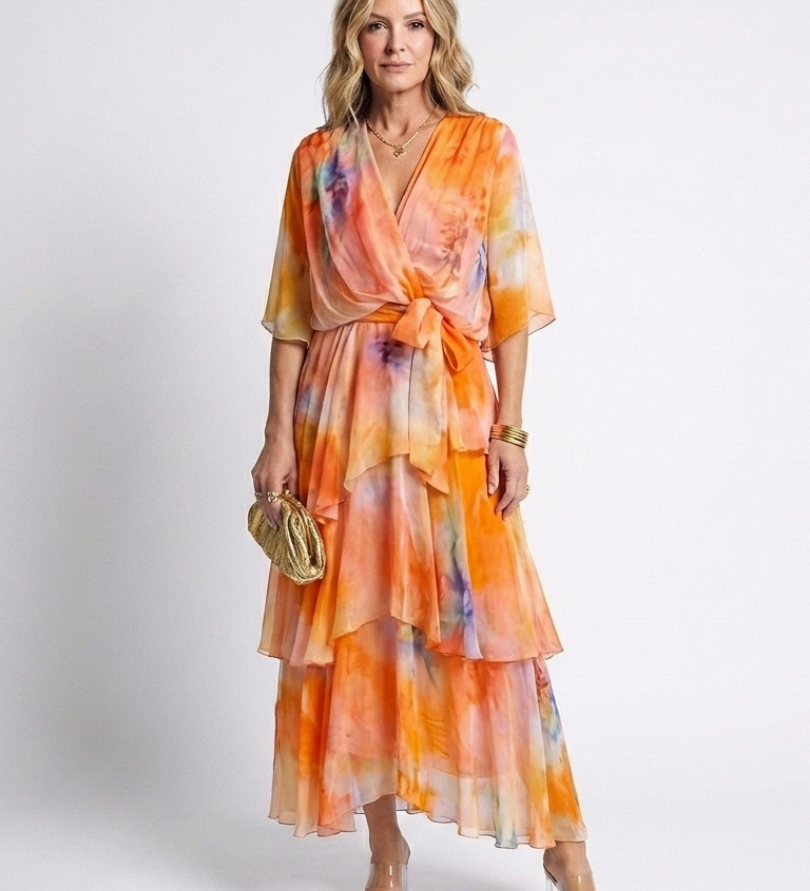 Calista | Sheer Layered V Neck Tie Waist Maxi Dress