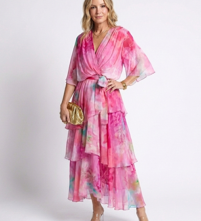 Calista | Sheer Layered V Neck Tie Waist Maxi Dress