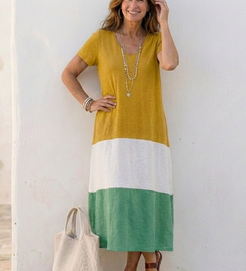 Thalia | Short Sleeve Color Block V Neck Midi Dress