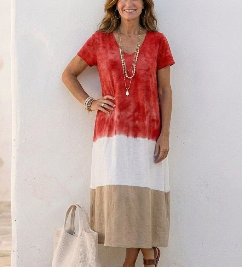Thalia | Short Sleeve Color Block V Neck Midi Dress