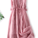 Arya - Womens Art Retro Round Neck Lace Up Waist Dress